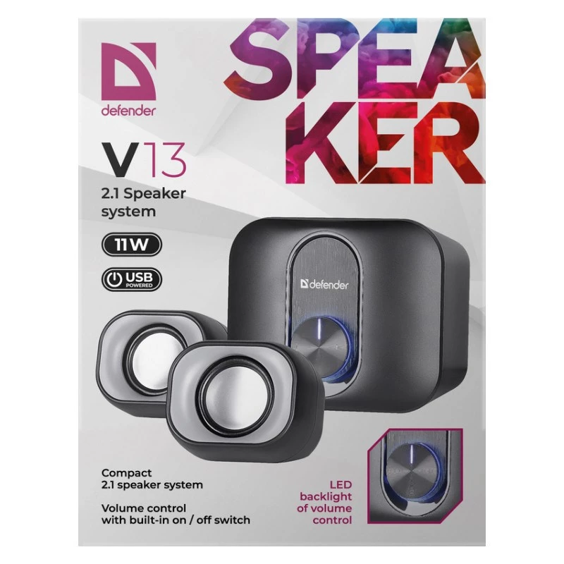 Laua 2.1 kõlarid DEFENDER V13 — 11 W RMS (6 W satelliidid, 5 W bassikõlar), USB-toitega, 3,5 mm sisend, must