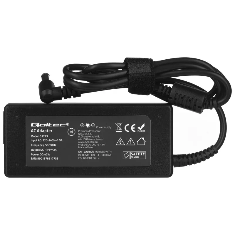 Mobiilseadme laadija QOLTEC 51773, 42W, 14V 3A, sisend 220–240V 50/60Hz, must, 1,19m kaabel