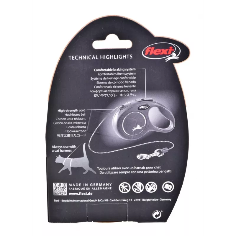 Sissetõmmatav rihm Flexi New Classic Cat XS 3 m — nöörrihm väikestele lemmikloomadele, must, max koormus 8 kg