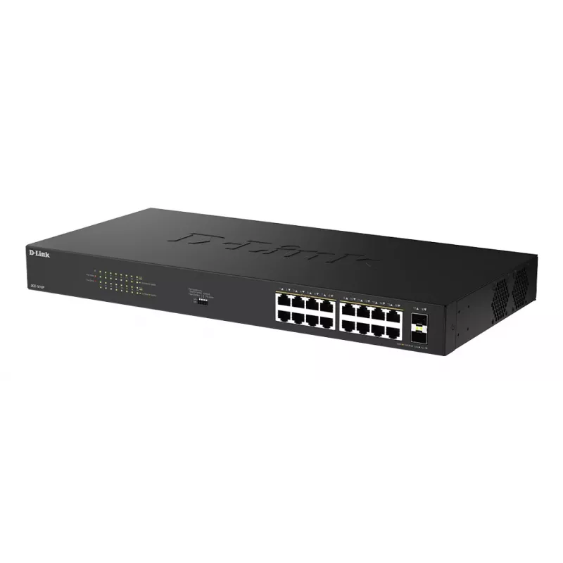 D-Link 18-pordine Gigabit Juhtimata PoE Lüliti DGS-1018P/E — 16 x Gigabit RJ-45, PoE (IEEE 802.3af/at), 36 Gbit/s kommuteerimisvõimsus