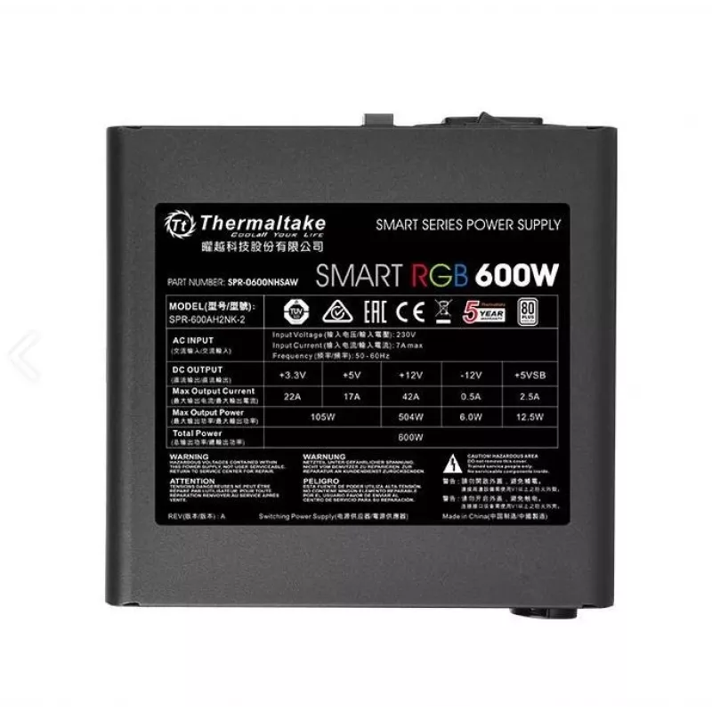 Thermaltake SMART RGB PS-SPR-0600NHSAWE-1 - Toiteplokk (sisemine) - ATX12V 2.3 - 80 PLUS - AC 230 V - 600 W - aktiivne PFC - must