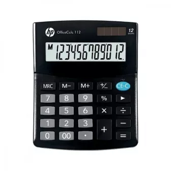 HP OC 112 lauakalkulaator – 12-numbriline LCD, aku/päikesepatarei, must, 101×125×33 mm