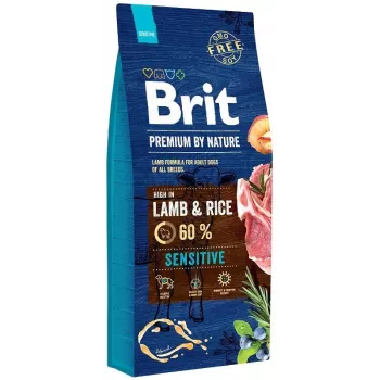 Kuiv koeratoit Brit Premium by Nature Sensitive Lamb — 15 kg, lambaliha ja riis, 27% valku, 14% rasva, täiskasvanud koertele tundliku seedimisega