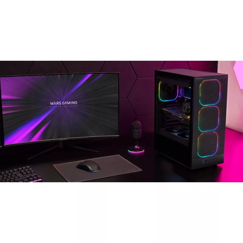 PC korpus TACENS MARS MC‑NEBULA Midi Tower karastatud klaasiga, neli 120mm aRGB ventilaatorit, toetab ATX, GPU kuni 30,2 cm