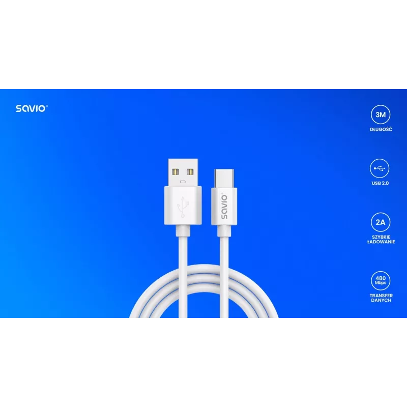 USB 2.0 kaabel SAVIO CL-168, USB A (isane) USB C-le (isane), 3 m, valge