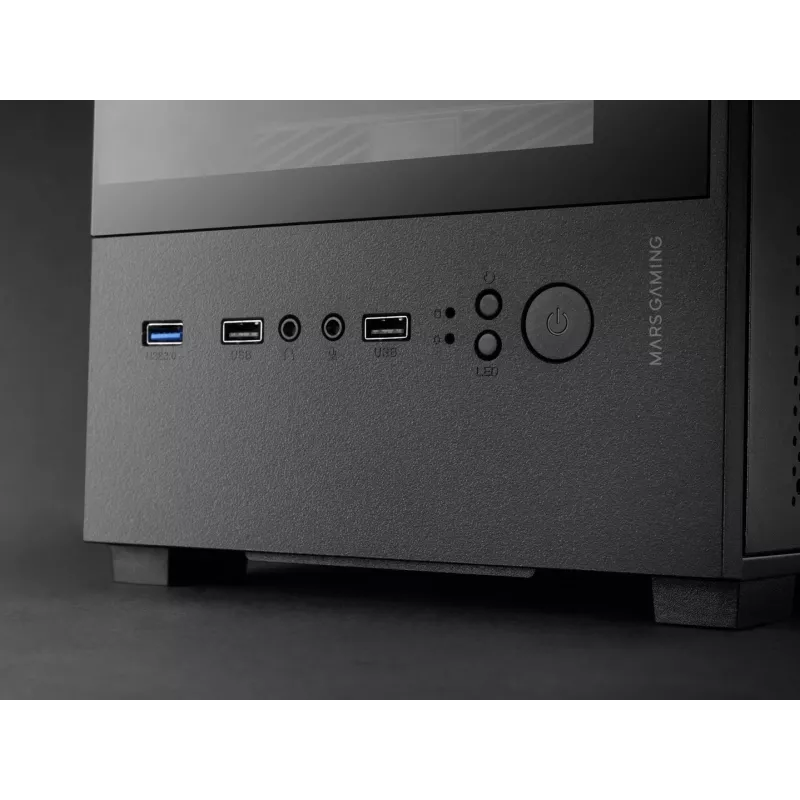 Mini Tower PC korpus TACENS Mars Gaming MC-SE2 — Mini-ITX / Micro-ATX, must, külgaken, alumine toiteplokk, toetab 2x2,5 tolli + 1x3,5 tolli