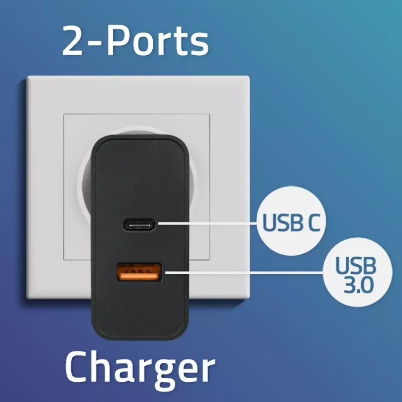 Qoltec 52381 Super Quick PD laadija | 1xUSB-C | 1xUSB | 90W | 5-20V | 2.4-4.35A | Must