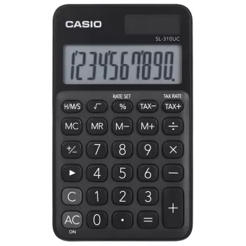 Baaskalkulaator CASIO SL-310UC-BK — 10-kohaline, aku/päikeseenergia, maksu- ja kasumifunktsioonid, taskuformaadis (70×118×8,4 mm), must