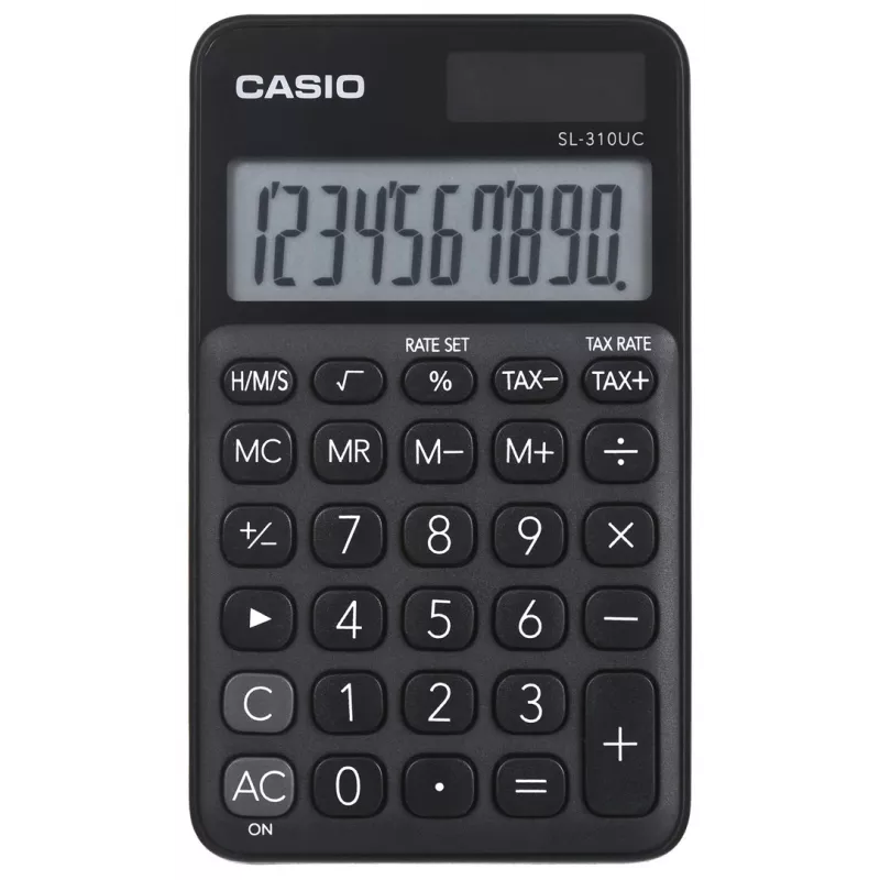 Baaskalkulaator CASIO SL-310UC-BK — 10-kohaline, aku/päikeseenergia, maksu- ja kasumifunktsioonid, taskuformaadis (70×118×8,4 mm), must