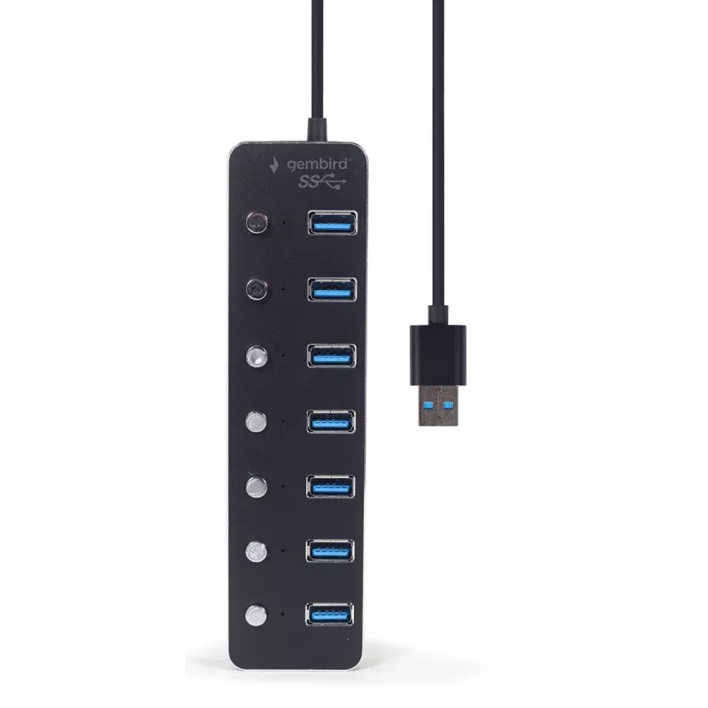 USB-jaotur Gembird UHB-U3P7P-01, 7-pordiline USB 3.2 Gen 1 (Type-A), 0,24 m kaabel, must