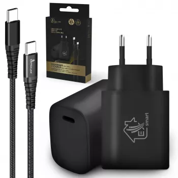 Smart Life USB USB-C to USB-C komplekt, 200 cm, must + 18 W PD3.0 laadija, must