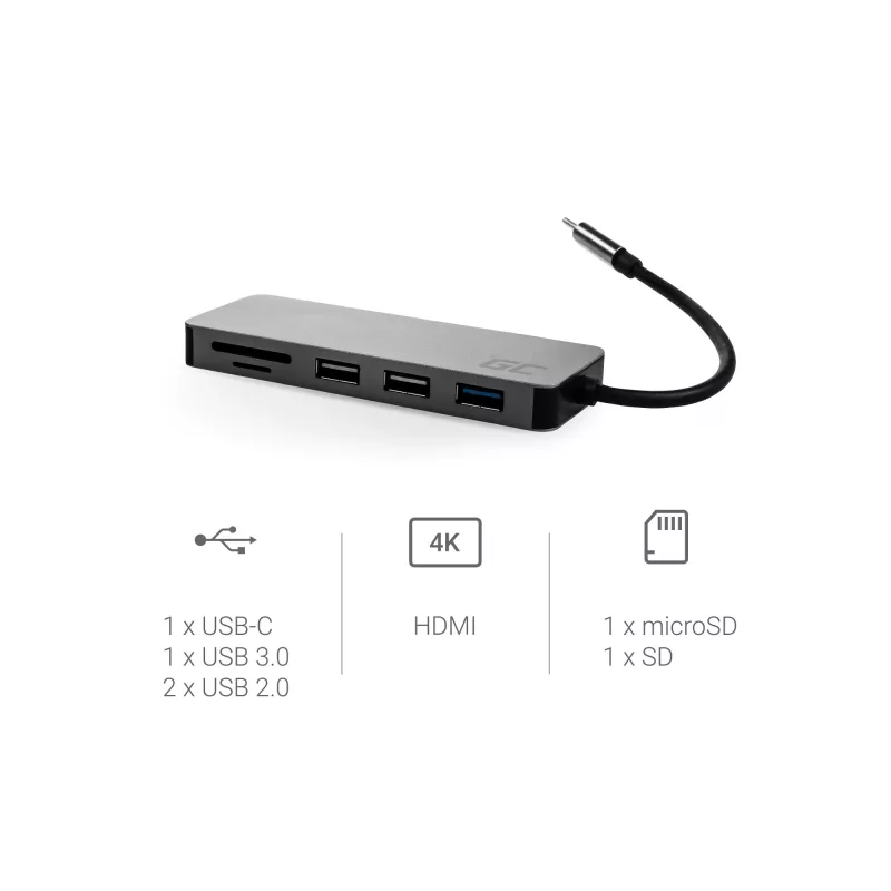 Green Cell AK50 - USB 3.2 Gen 1 (3.1 Gen 1) Type-C - USB 2.0 - USB 3.2 Gen 1 (3.1 Gen 1) Type-A - USB 3.2 Gen 1 (3.1 Gen 1) Type-C - MicroSD (TransFlash) - SD - Hõbedane - Apple MacB