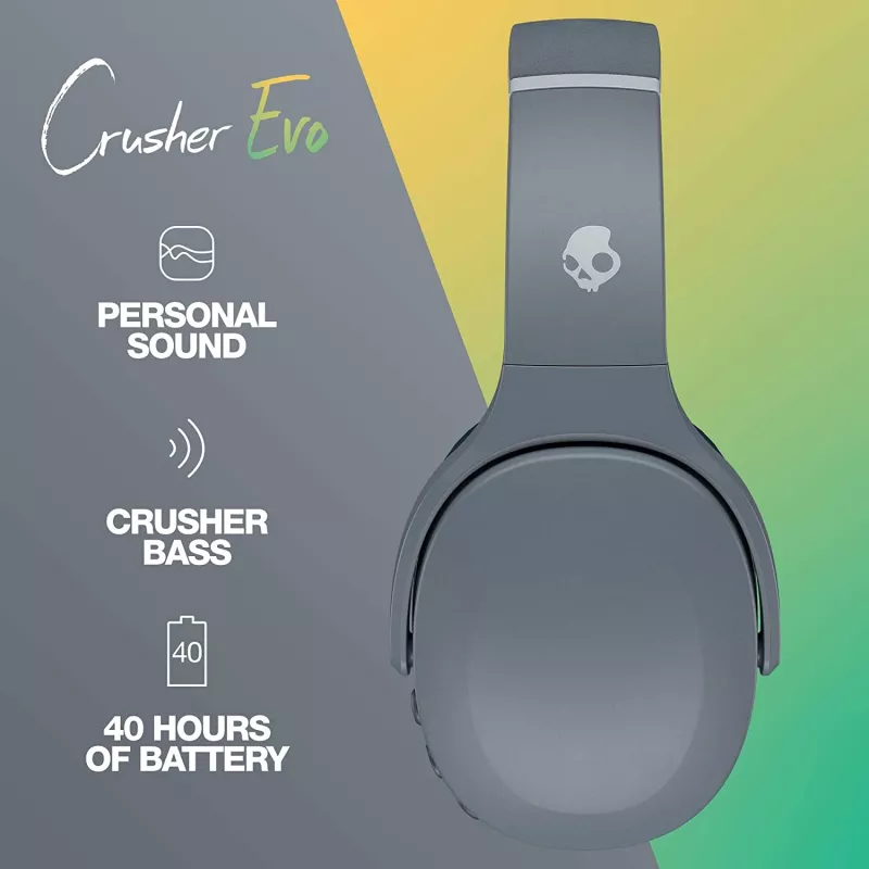 Kõrvaklapid Skullcandy Crusher Evo — juhtmega ja Bluetooth, hall, 40 h taasesitus, USB-C, AUX, kokkupandavad