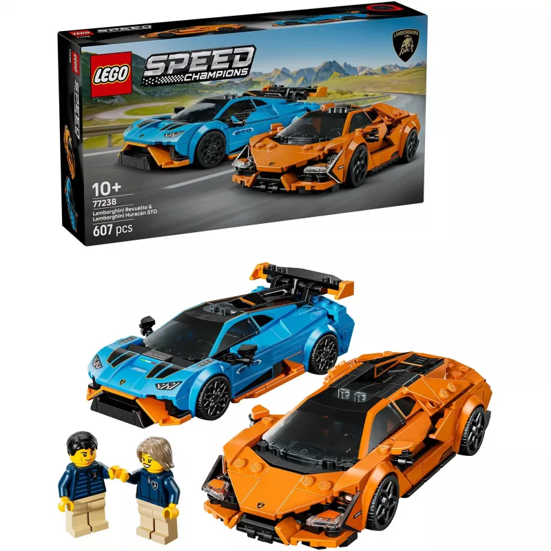LEGO Speed Champions komplekt 77238 — Lamborghini Revuelto ja Huracán STO ehitusmänguasi, 607 osa, 2 minifiguuri, soovituslik vanus 10+