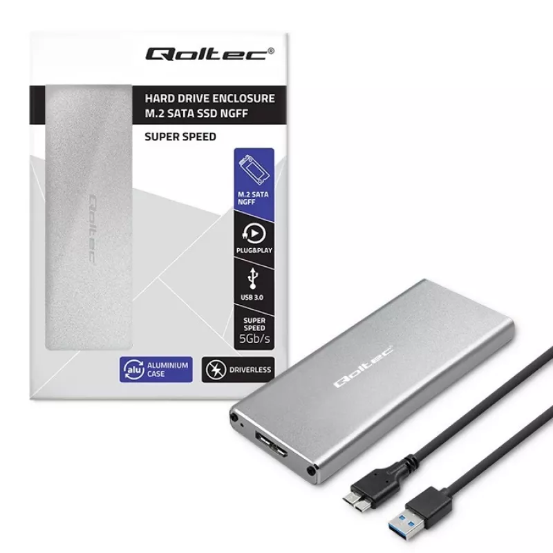 Alumiiniumkorpus QOLTEC 51833 M.2 SSD-le, SATA USB 3.0-le, toetab kuni 2TB