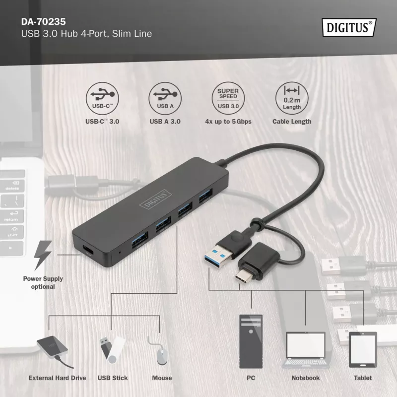 USB-jaotur, Digitus, DA-70235, 4-pordiline, USB 3.2 Gen 1, Type-A ja USB-C, 12000 Mbit/s
