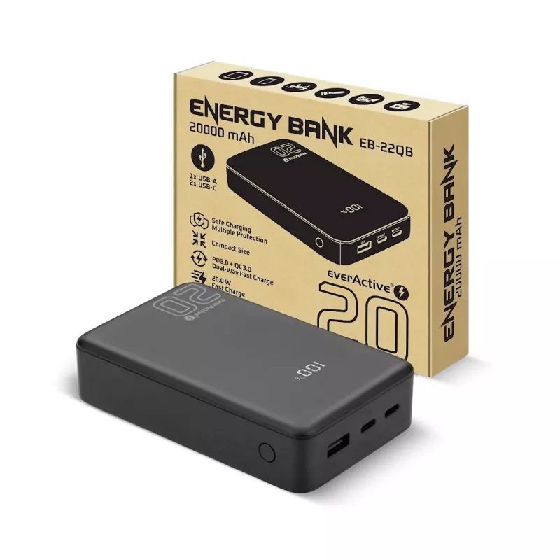 Akupank everActive EB-22QB 20 000 mAh, 2× USB-C 20 W, Quick Charge 4.0