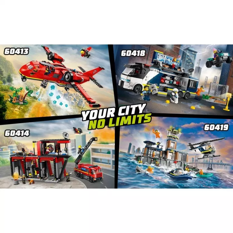 Konstruktsioonimänguasi LEGO City tuletõrjedepoo pöördredeliga sõidukiga 60414 — 843 detaili, 5 minifiguuri, 220×320×140 mm