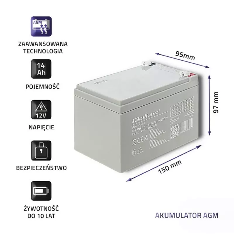 Qoltec 53045 AGM aku 12V 14Ah