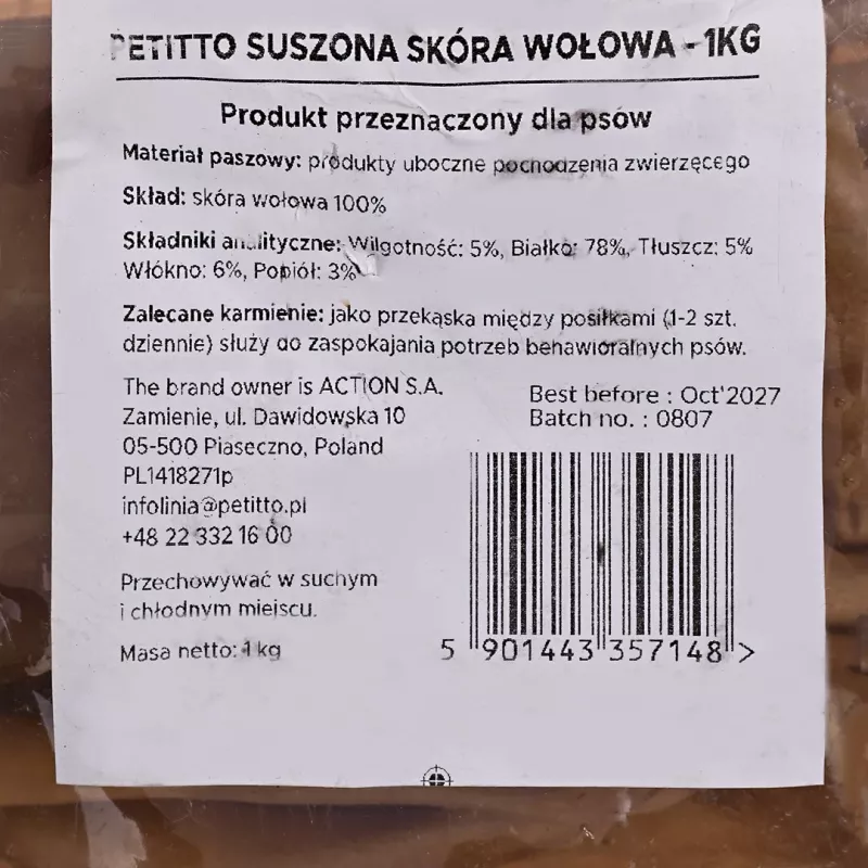 Koerte maiused PETITTO kuivatatud veisenahk, 1 kg pakk