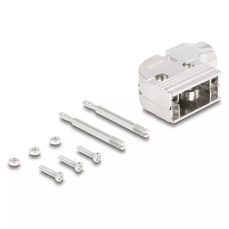 DELOCK D-Sub korpus 9-kontaktiline nurga all 90° kaablikaits, hõbedane plastik, 33×47×16 mm