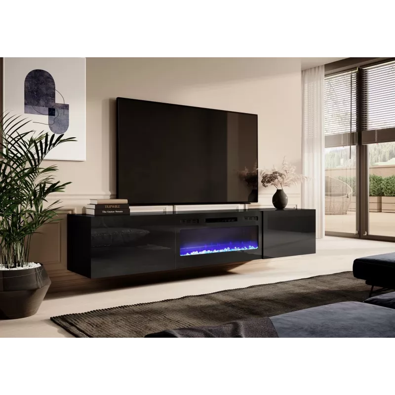 TV-kapp Cama Meble SLIDE 200K elektrilise kaminaga 200×40×37 cm läikiv must, MDF-uksed, puitlaastplaadist raam