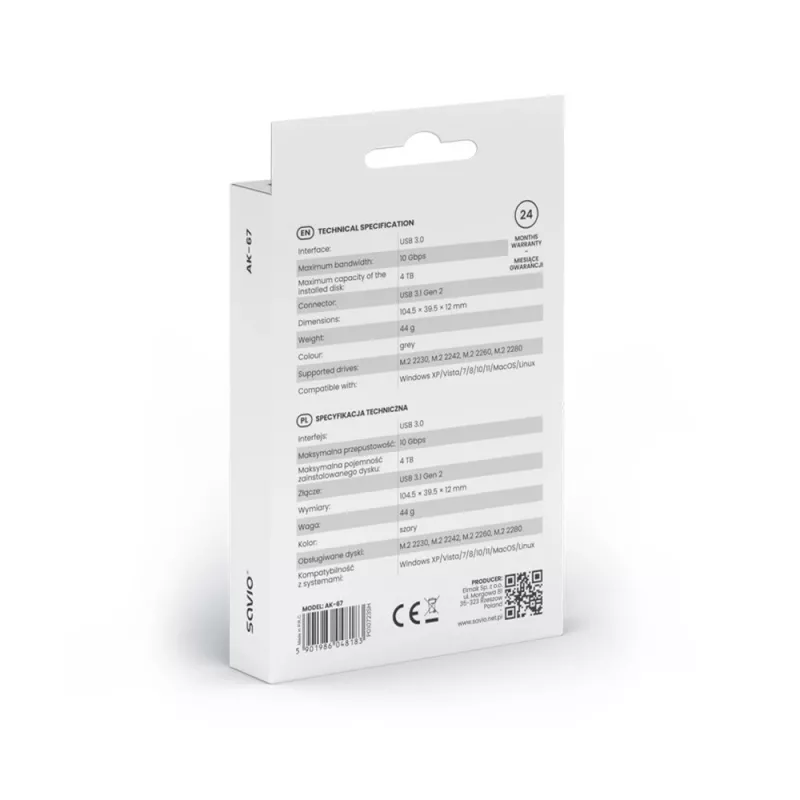 M.2 SSD korpus SAVIO AK-67 hall, USB 10 Gbit/s, ühe M.2 draivi tugi