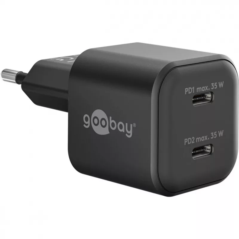 Seinalaadija GOOBAY 75333 — universaalne siseruumide AC USB-C laadija, 2x USB-C, 35 W, must