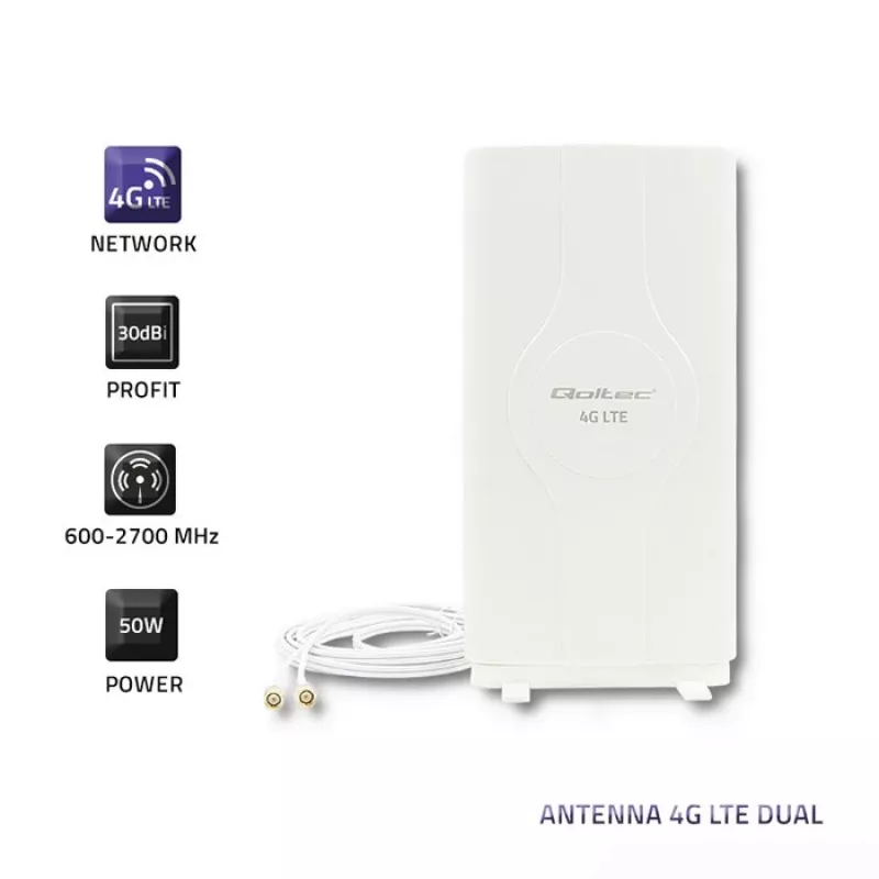 Omnisuunaline antenn QOLTEC 57013, 0,6–2,7 GHz, 30 dBi, vertikaalne polarisatsioon, 50 Ω, valge ABS-korpus