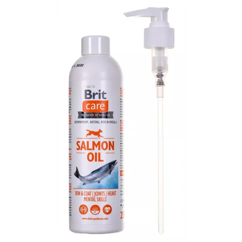 Koerte toidulisandõli Brit Care Salmon Oil 250 g — vedel, säilitusainetevaba, parandab nahka ja karvkatet