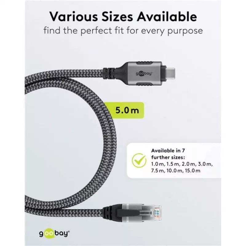 Ethernet-kaabel USB-C 3.2 Gen2 pesa > RJ-45 pistik (must/hõbedane, 5 meetrit, punutud tekstiilümbris)