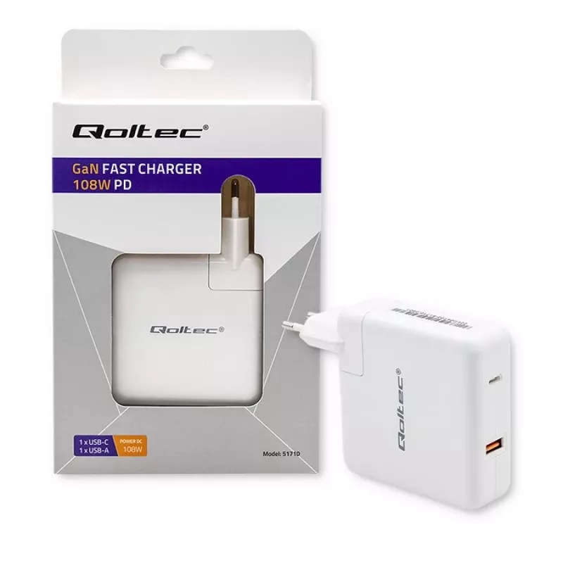 Qoltec GaN laadija FAST 108W | 5-20V | 3-4.7A | USB C | Valge