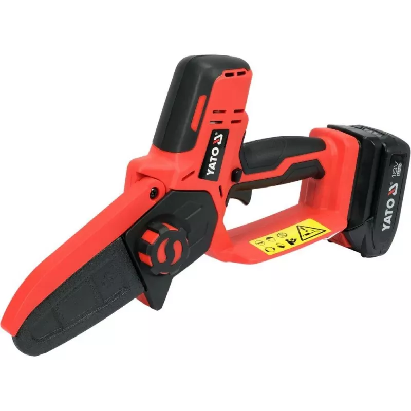 Akutoitega kettsaag YATO YT-828135 — 18V Li-Ion 2Ah, 10 cm latt, 3200 p/min, 4,8 m/s keti kiirus, 26 lüli
