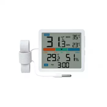 Termomeeter‑hügromeeter MANTA MTO002W välisanduriga (150 cm), siseruumides 0–+50°C, välistingimustes -40–+70°C, õhuniiskus 20–95% RH, mugavusindikaator, kell