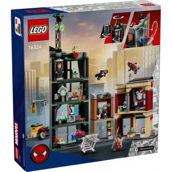 LEGO Marvel komplekt 76324 Spider-Man vs. Oscorp ehitusmänguasi, 808 detaili, 8 minifiguuri, vanusele 10+