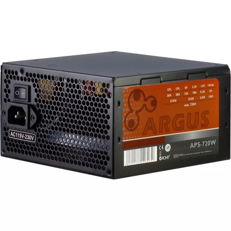 INTER TECH Argus APS-720W - Toiteplokid (115-230 V, 20+4-pin ATX, 47-63 Hz, 12V1,+12V2,+3.3V,+5V,+5Vsb,12V, Active, ATX, must)