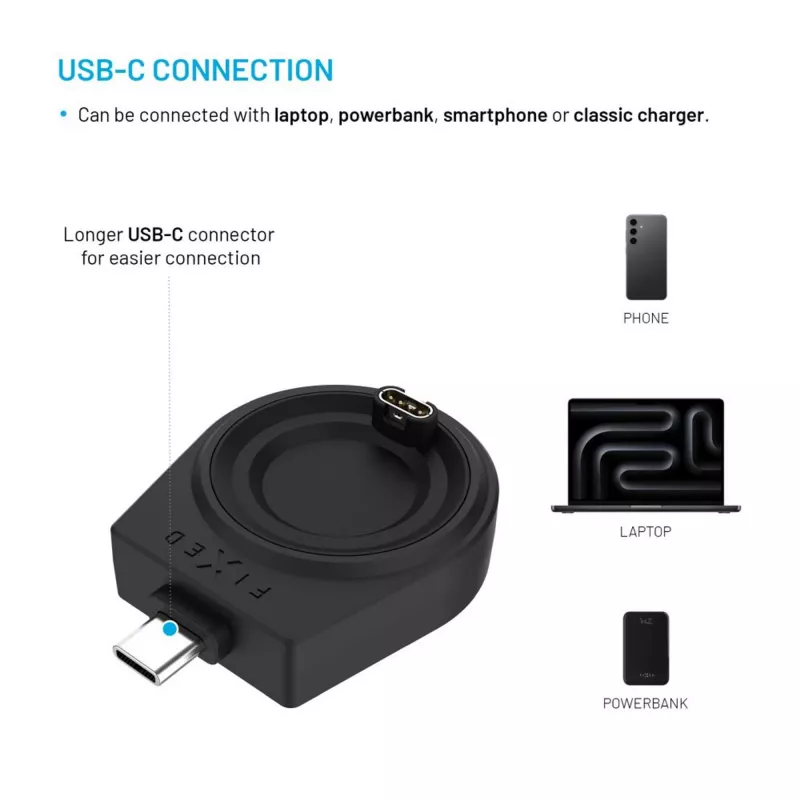 Laadimis USB-C adapter FIXED Garmin Fenix/Epix/Venu/Vívoactive jaoks — ühilduvad mudelid loetletud