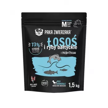 Kuiv koeratoit PAKA ZWIERZAKA lõhe ja Läänemere kalaga M — täiskasvanud suurte tõugude hooldus, 1,5 kg, teraviljavaba, 29% valku