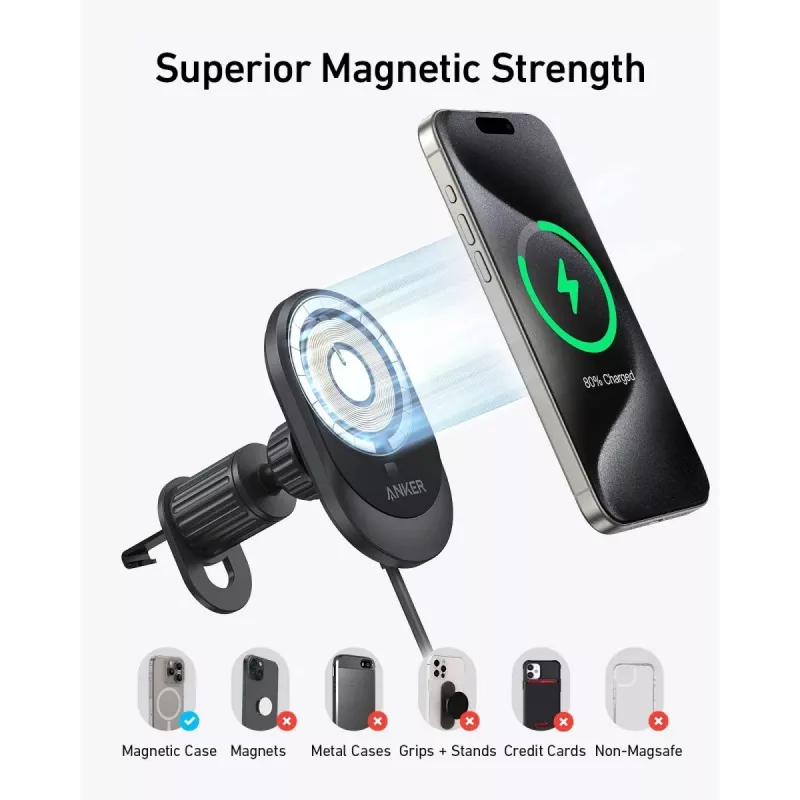 Juhtmeta magnetiline auto laadija Anker MagGo 15W — Magnetiline 15W Qi kiirlaadimine nutitelefonidele, must