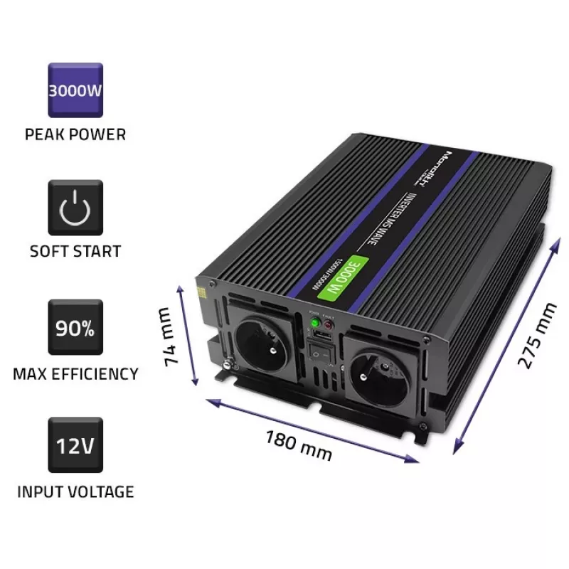 Pingemuundur QOLTEC Monolith 3000 MS Wave, 12 V → 230 V, 1500/3000 W, USB-ga