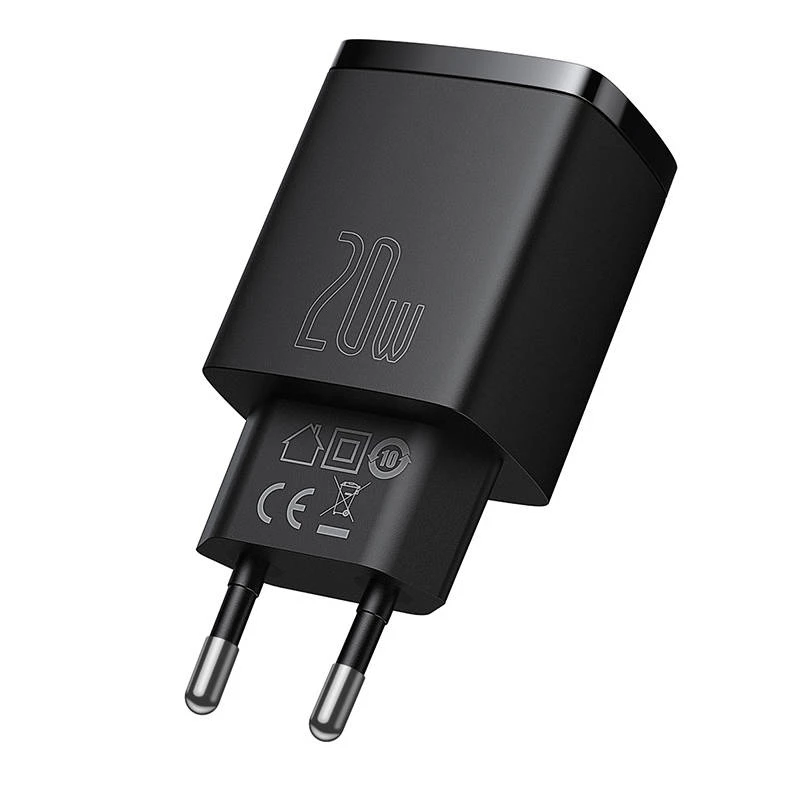 Sisene USB kiirlaadija Baseus CCXJ-B01 — 2 porti (USB-C PD 20W + USB-A QC3.0 18W), 100–240 V, must