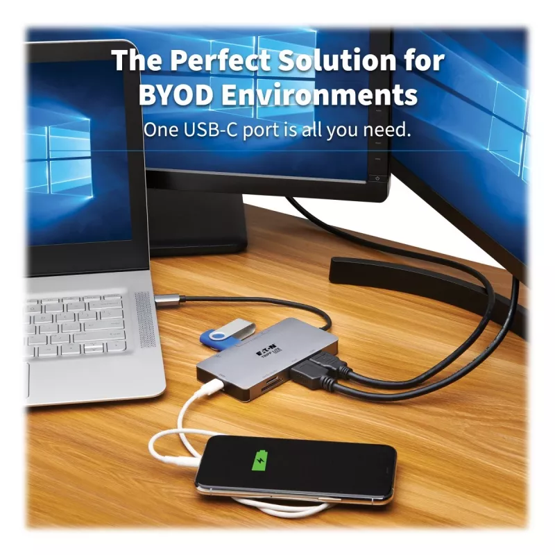Eaton Tripp Lite USB-C dokk, kahe ekraaniga - 4K 60 Hz HDMI, USB 3.2 Gen 1, USB-A jaotur, GbE, mälukaart, 100W PD laadimine, hall - dokkimisjaam - USB-C - 2 x HDMI - 1GbE (U442-DOCK)