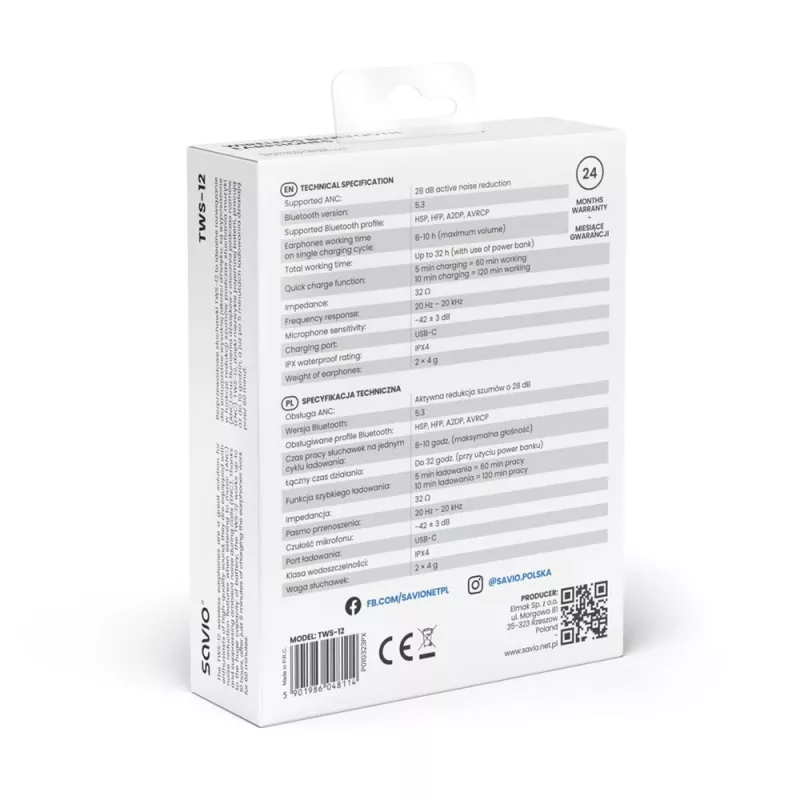 SAVIO kõrvasisene TWS-peakomplekt TWS-12, Bluetooth 5.3, sisseehitatud mikrofon, must