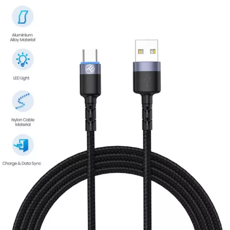 Andmekaabel Tellur USB kuni USB-C LED nailonpunutud 1,2 m Must