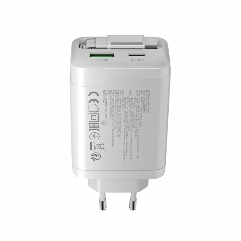 CANYON laadija OnCharge 65RC sisseehitatud USB-C kaabliga 65W, 1x PD, 1x QC, EL pistik, valge