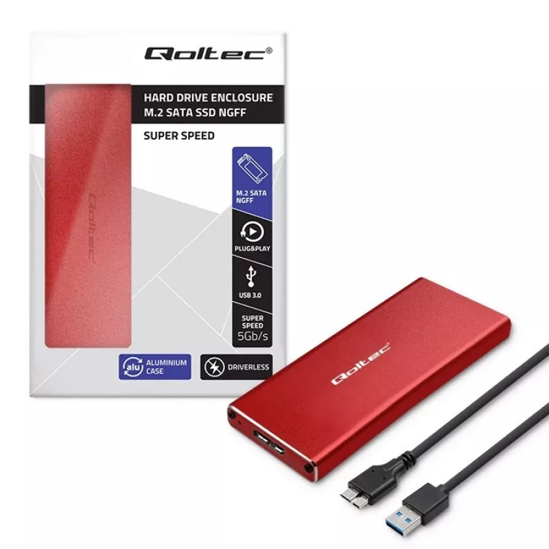 SSD-korpus QOLTEC 51831 USB 3.0 M.2 SATA draividele kuni 2 TB, punane, toetab 30 mm pikkust, kuni 4 draivi