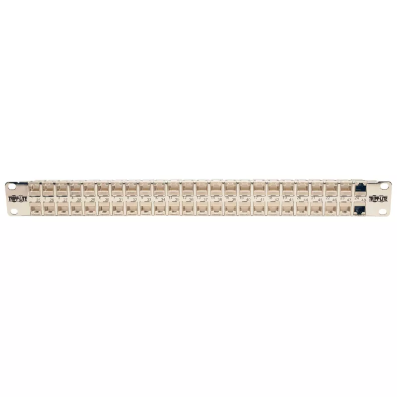 Tripp N254-048-SH-6A 48 porti 1 HE racki paigaldus varjestatud Cat6a STP läbivoolu paigalduspaneel - RJ45 Ethernet - TAA - 10 Gigabit Ethernet - RJ-45 - Cat6a - Hõbe - Valge - Rackeinb