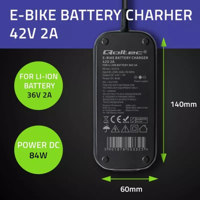 Ebike laadija QOLTEC 50332 — 36V/42V väljund, 2A, 5,5×2,1 mm pistik