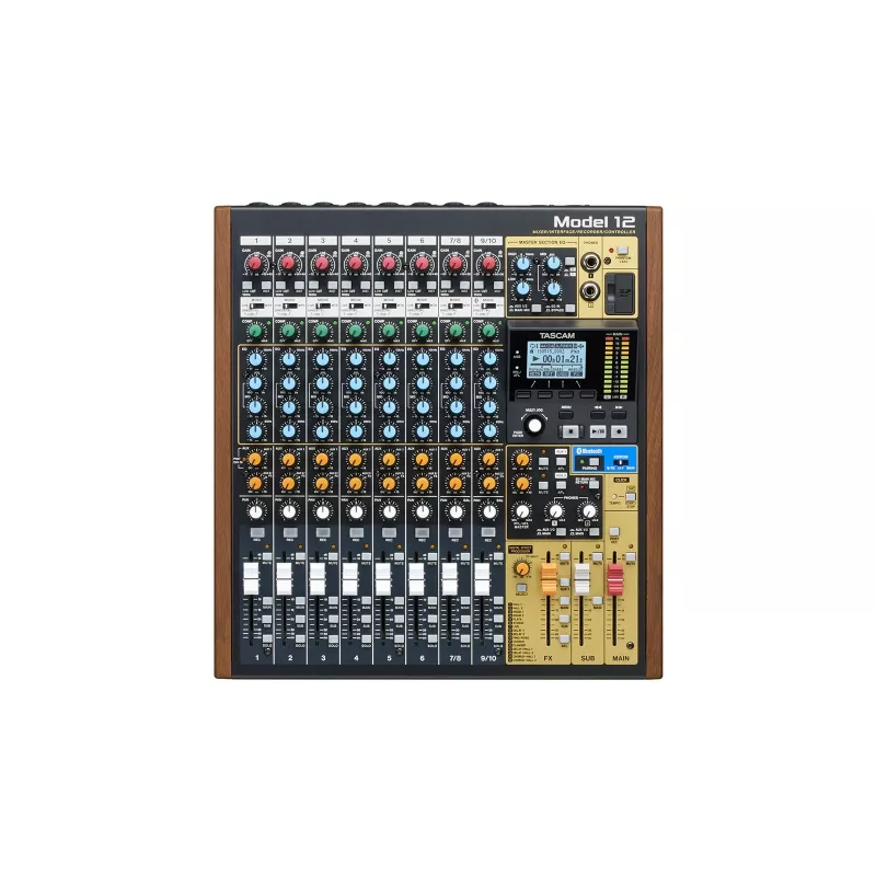 Mikser Tascam Model 12 — 12‑kanaliline analoog-/digitaalmikser, 24‑bitine, 48 kHz, USB‑C, SD-kaart, Bluetooth 5.0