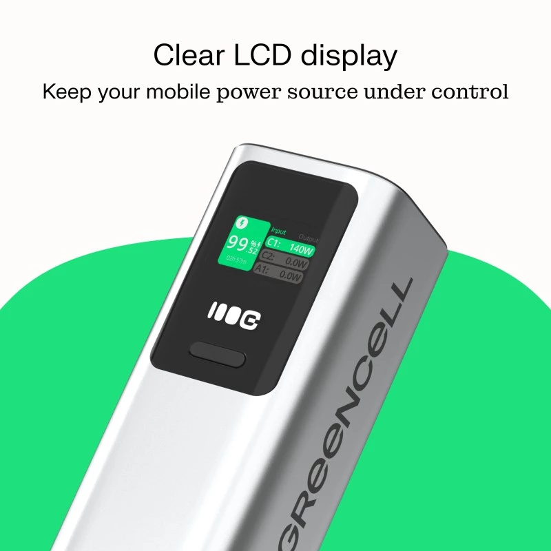 Kaasaskantav aku Green Cell PBGC25UD, 25200 mAh, Li‑Ion, 140 W koguvõimsus, 2× USB‑C + 1× USB‑A, OLED-ekraan, alumiiniumkorp